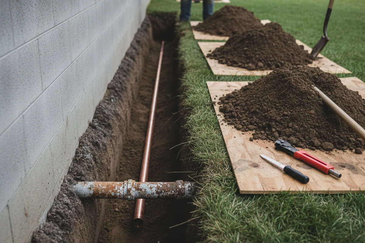 Excavated water line trench during Water Softener Installation in New Paris